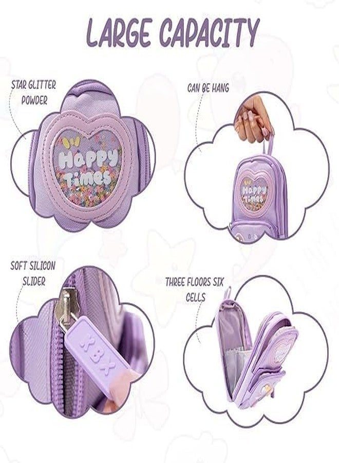 Veemok Premium Canvas Pencil Case - 3 Compartments, 6 Layer Large Capacity Zipper Pouch - Cute Aesthetic “Happy Time” Design for Girls, School Kids, and Office Use - (Pack-1) (Purple) - Image 5